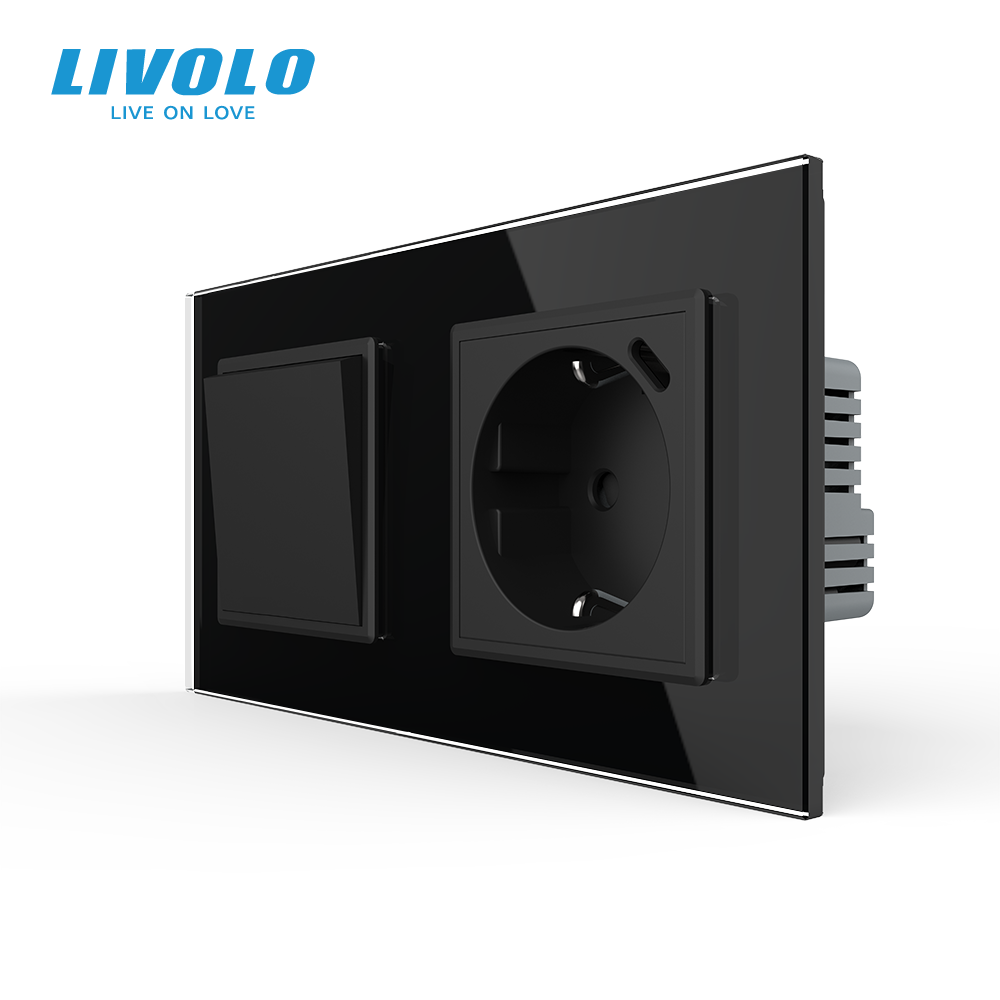 Перехресний вимикач LIVOLO з розеткою та USB Type-C 18Вт, чорний, скло, із заземленням і захисними шторками