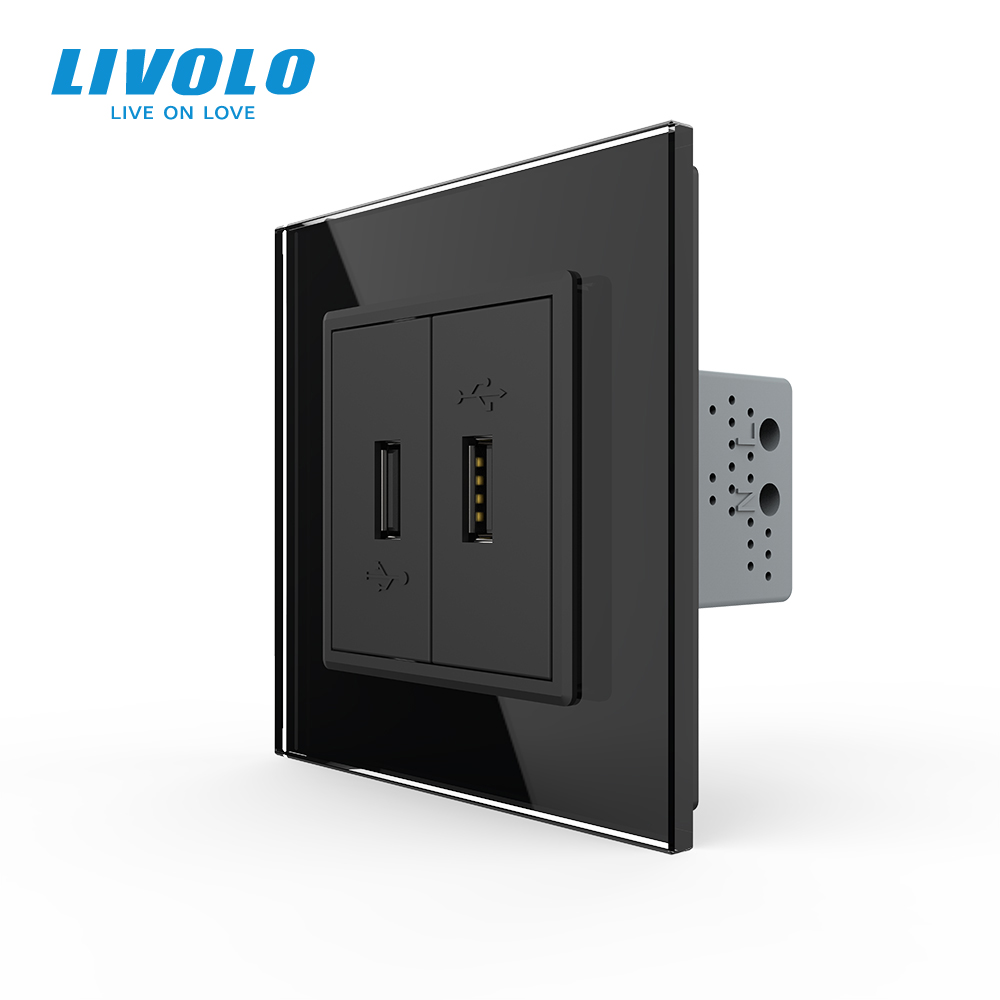 Розетка подвійна USB з блоком живлення LIVOLO чорна 2.5D скло