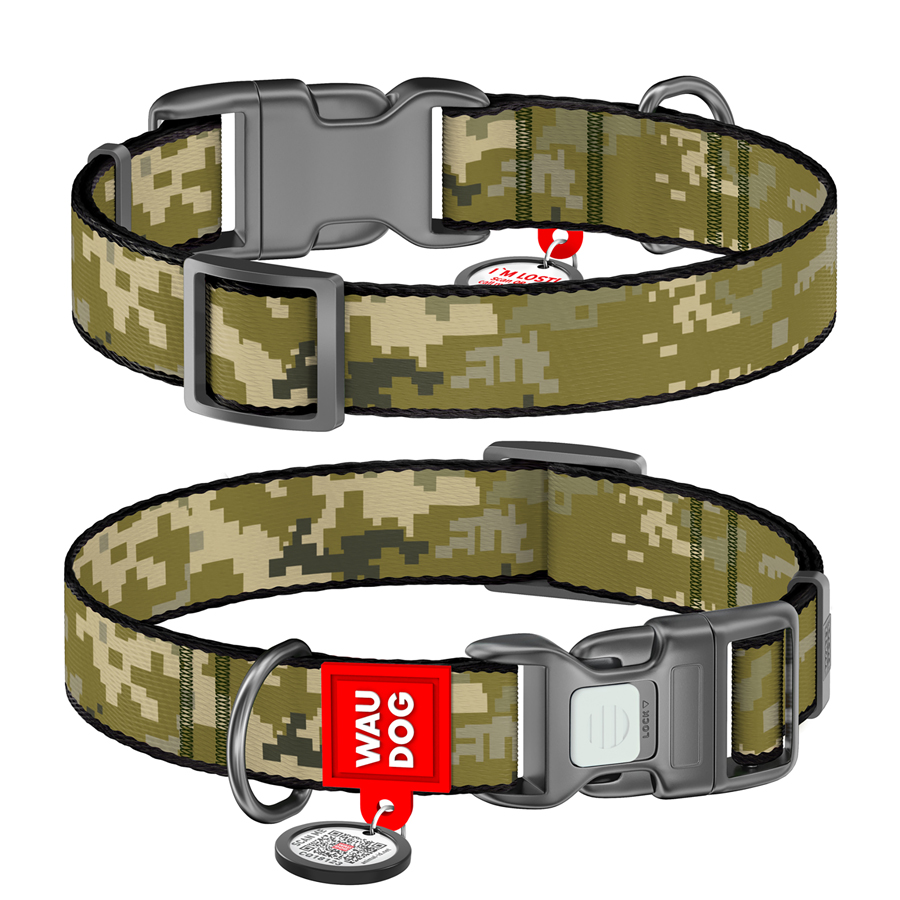 Нашийник для собак нейлоновий WAUDOG Nylon з QR-паспортом, малюнок "Мілітарі", пластиковий фастекс, L, Ш 25 мм, Дов 33-49 см