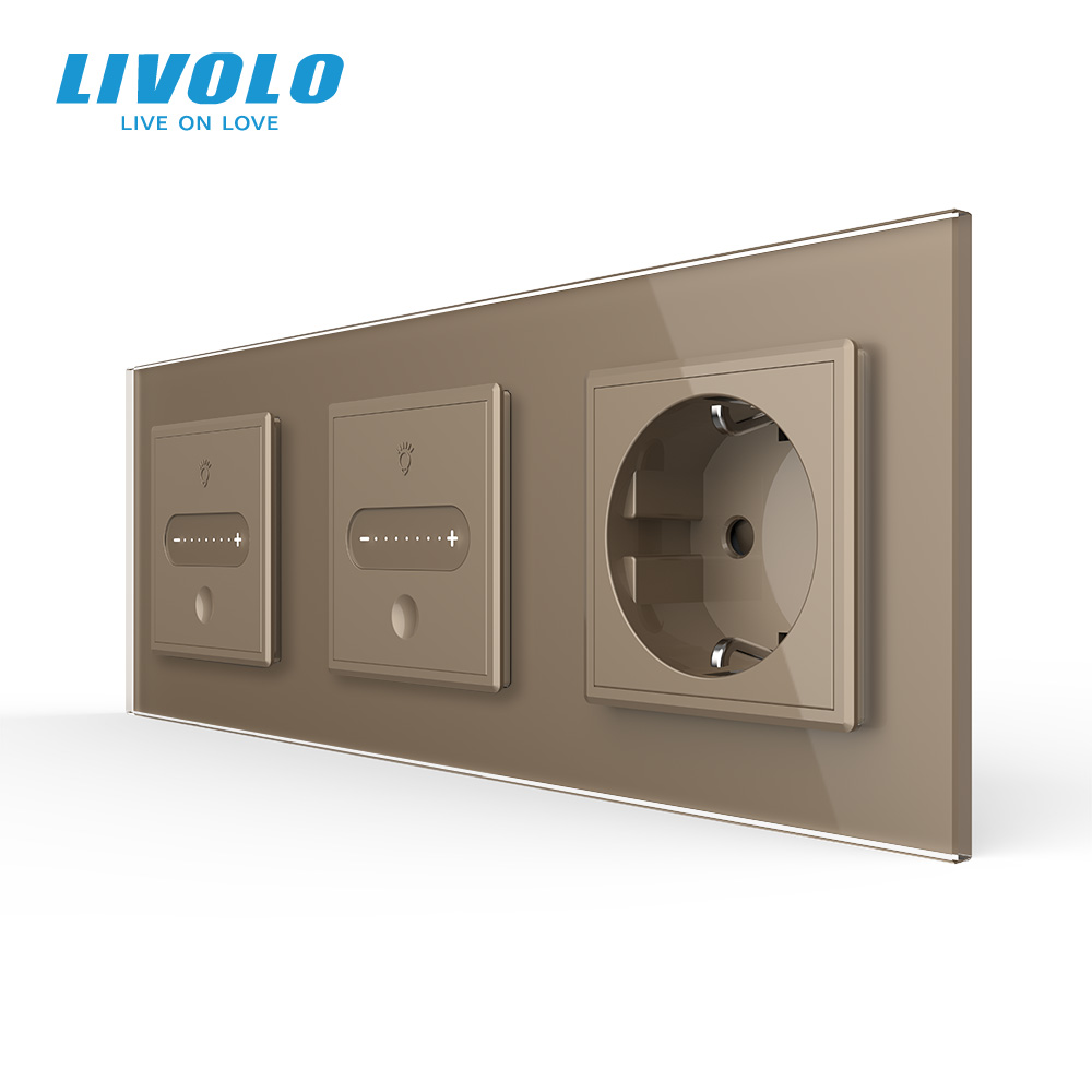 Розумний сенсорний димер LIVOLO 2 сенсори (1-1) з розеткою, золотий 2.5D скло, 16A 230V, заземлення, захисні шторки