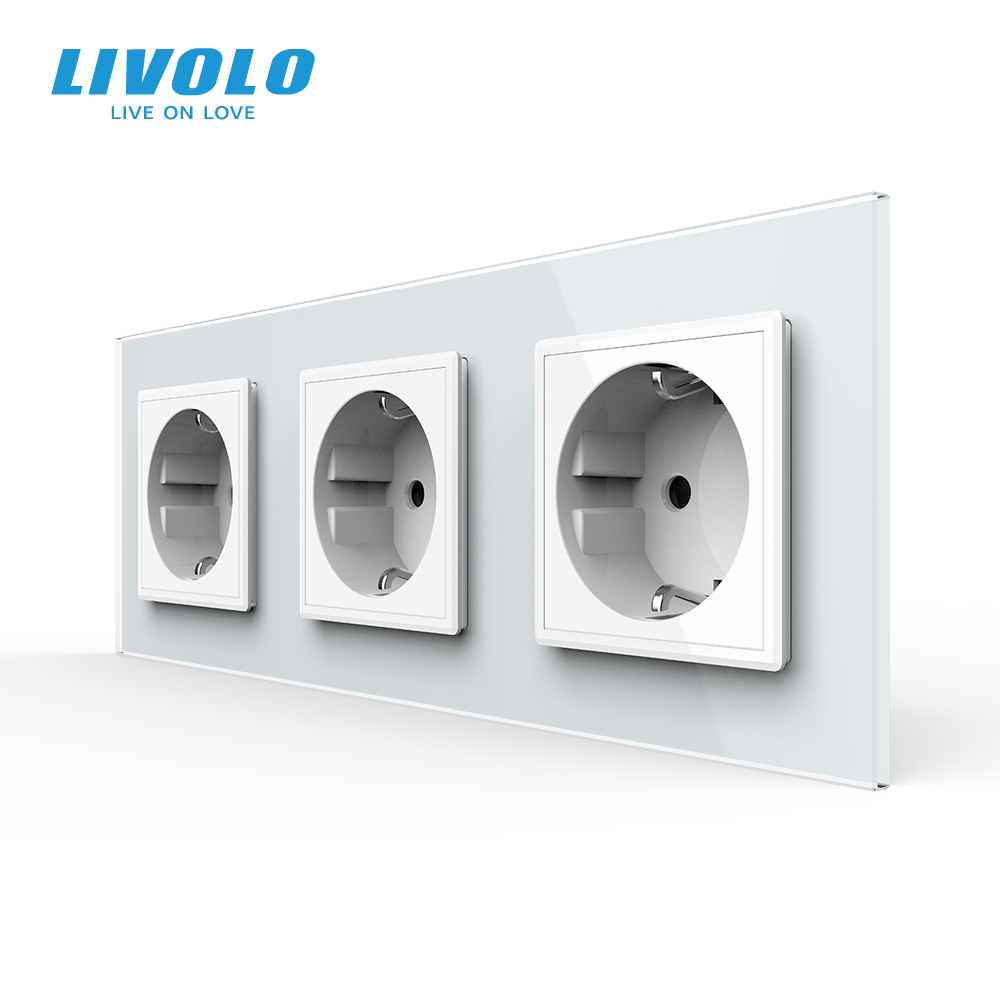 Потрійна електрична розетка з заземленням LIVOLO, біла, скляна рамка, шторки, 250В 16А (VL-C7C3EU-11)