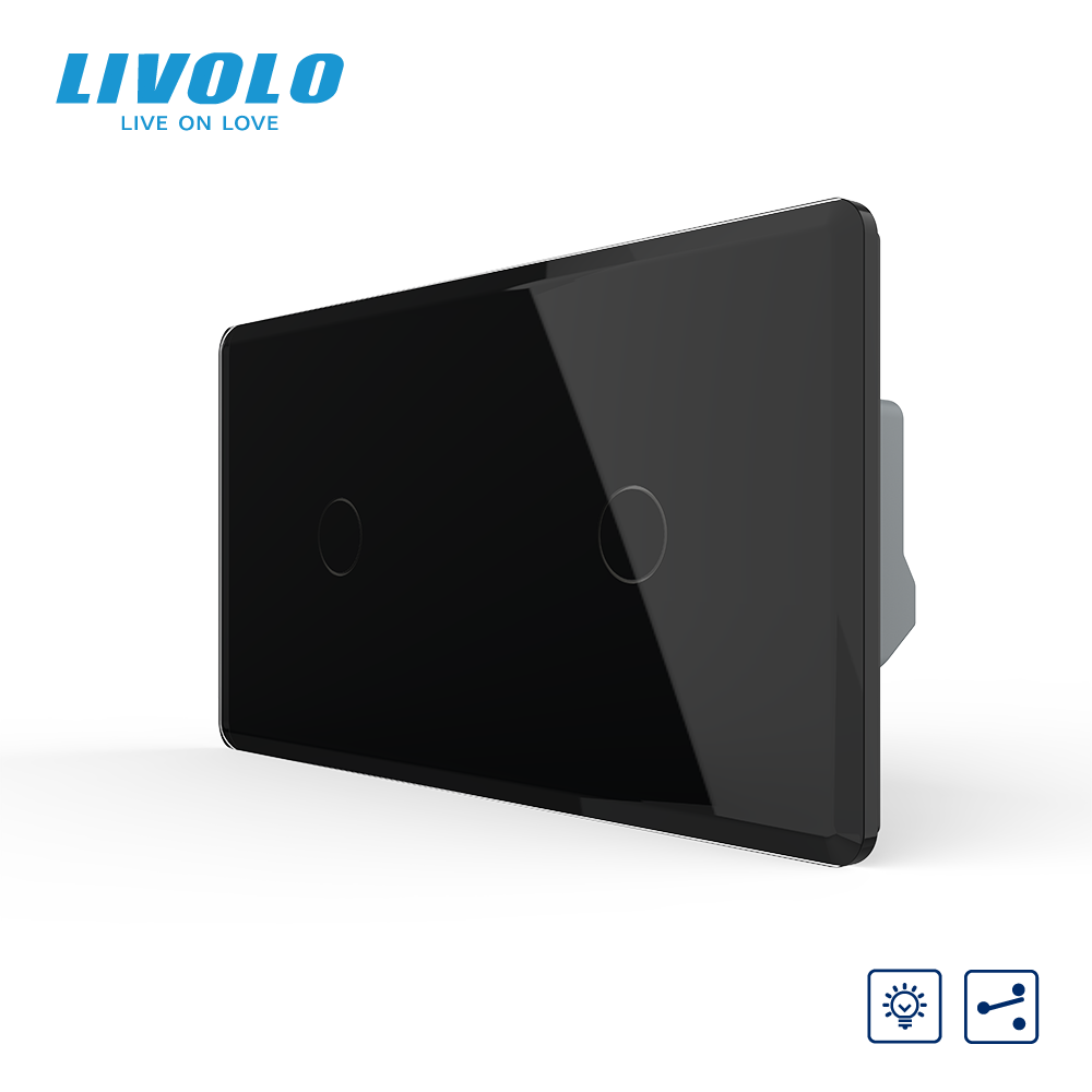Сенсорний прохідний димер LIVOLO, 2 сенсори (1-1), чорний 2.5D, скло