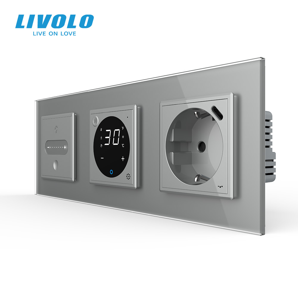 Розумний терморегулятор + прохідний сенсорний димер + USB Type-C 18Вт LIVOLO, сірий скляний