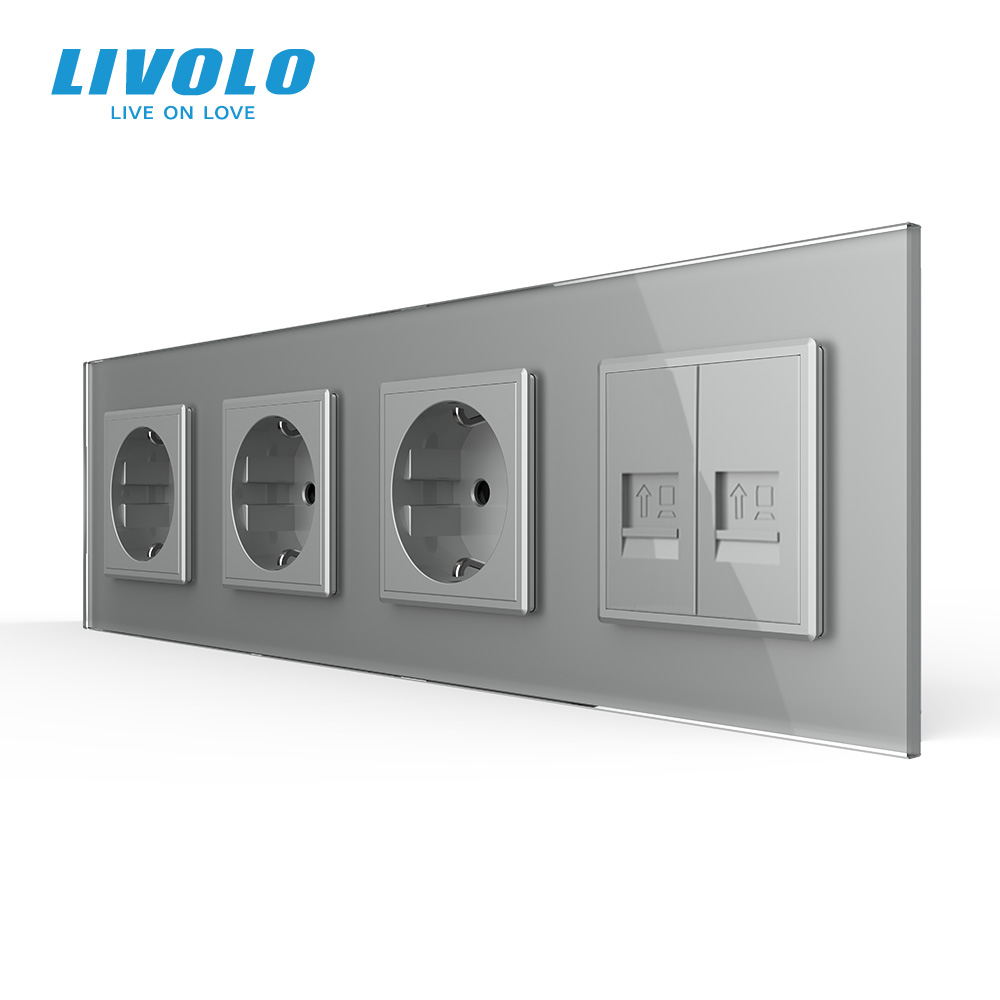 Розетка чотиримісна з двома інтернет портами RJ-45, LIVOLO сіра, настінна дизайнерська, скляна рамка