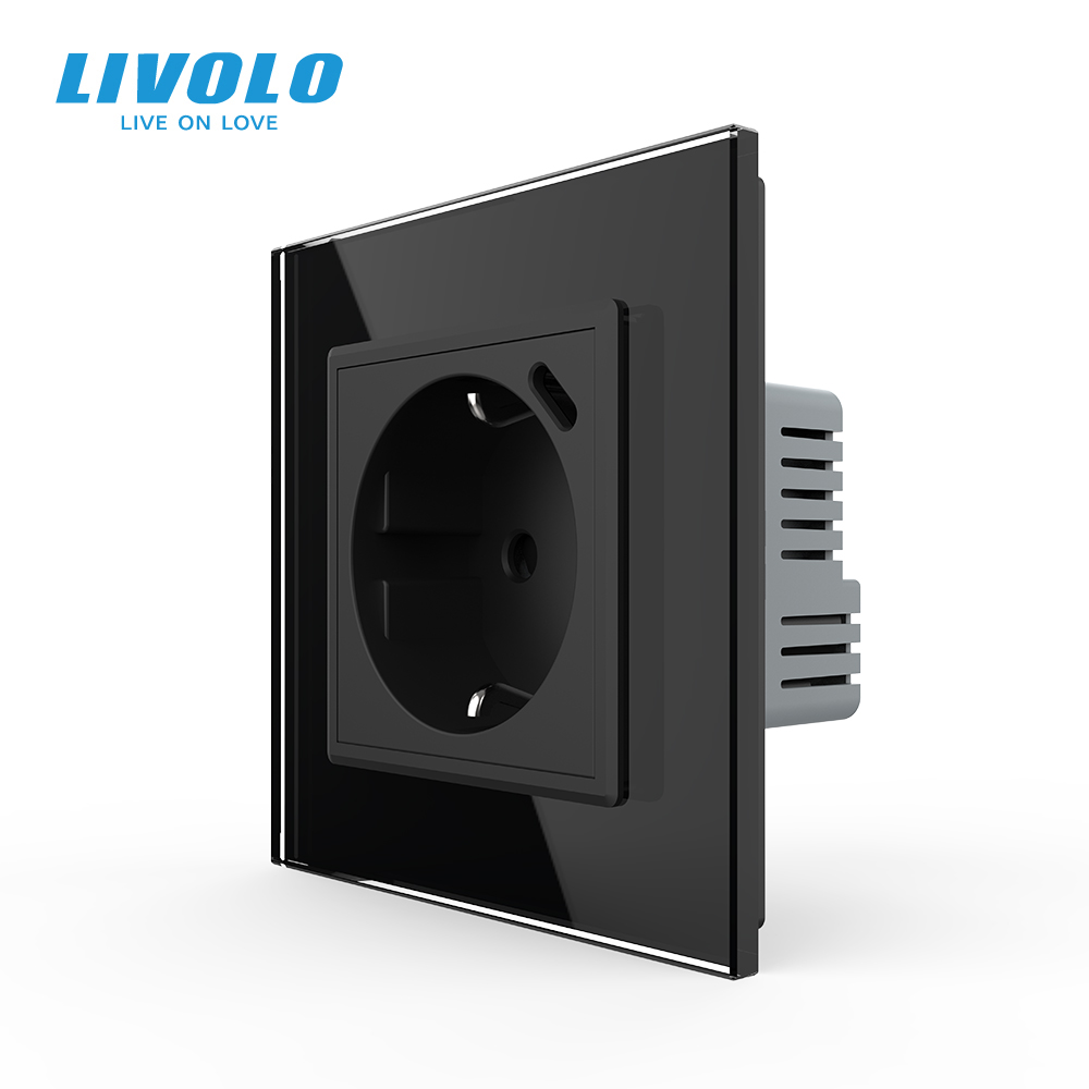 Електрична розетка з USB Type-C 18Вт для зарядки, з заземленням, LIVOLO, чорна, скляна рамка, 250В 16А (VL-C7CTF16A.UC18W-2BP)