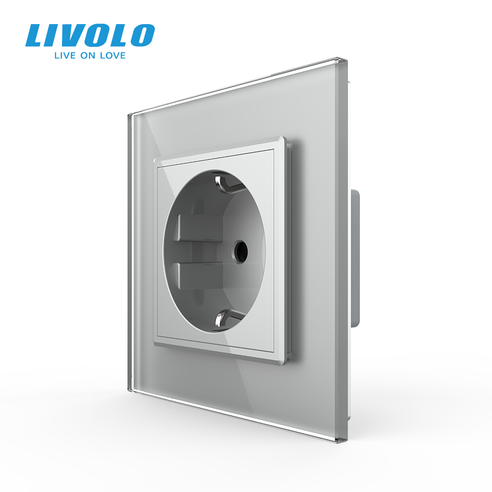 Електрична розетка з заземленням LIVOLO, сіра, скляна рамка, шторки, 250В 16А (VL-C7C1EU-15)
