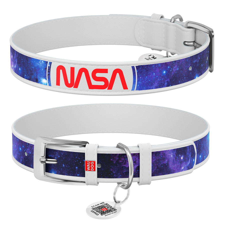 Нашийник для собак шкіряний WAUDOG Design з QR паспортом, малюнок "NASA21",  XXS, Ш 12 мм, Д 18-24 см, білий