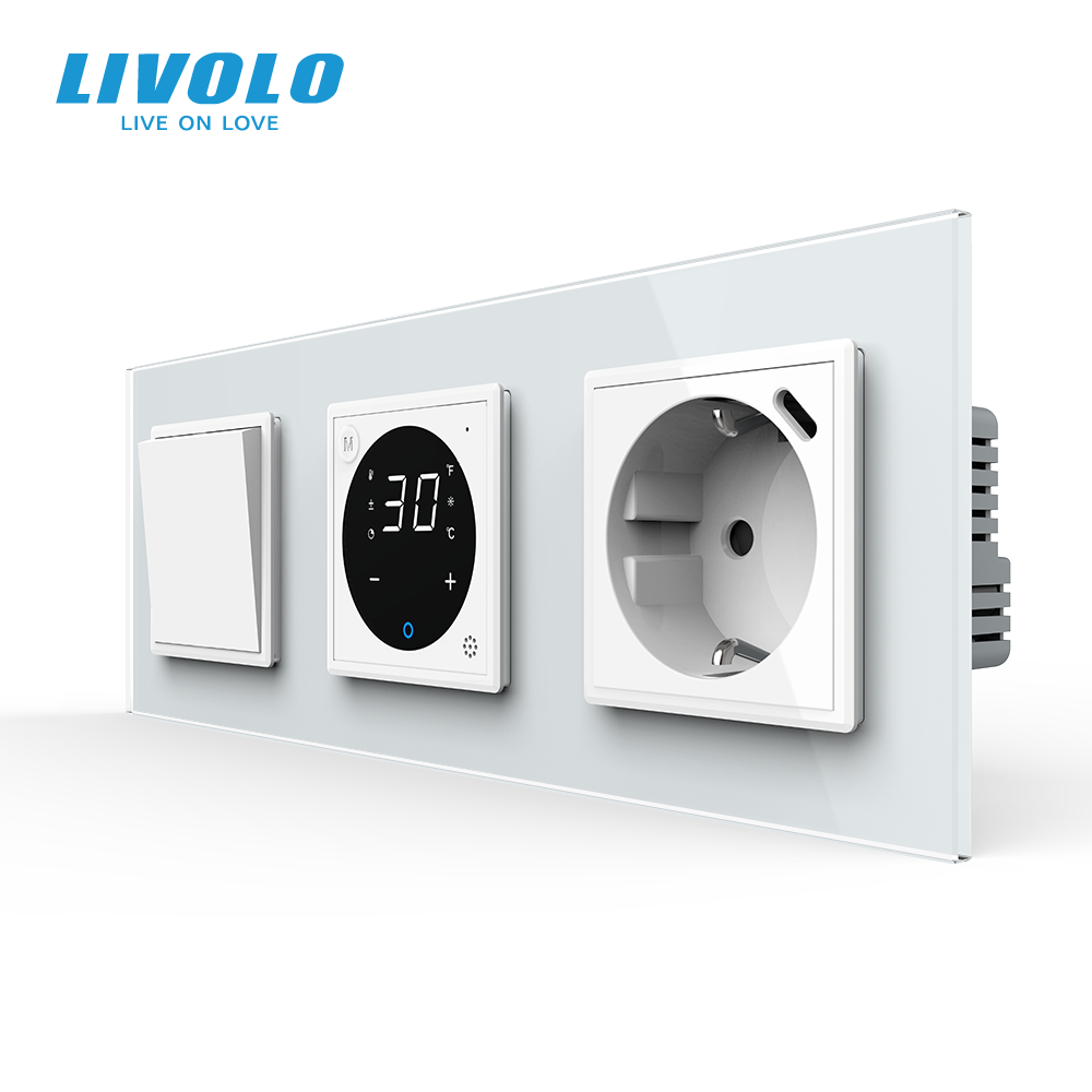 Терморегулятор сенсорний для теплої підлоги + вимикач + USB Type-C 18Вт LIVOLO, білий скляний