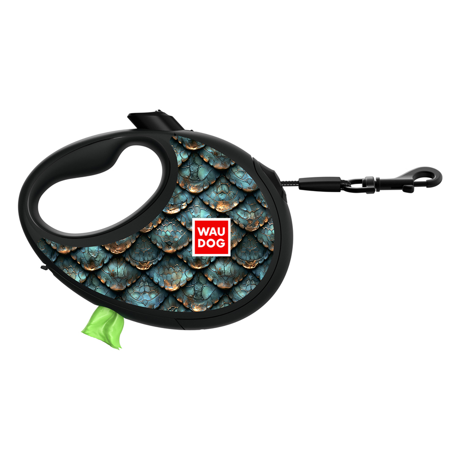 Повідець-рулетка для собак WAUDOG R-leash з контейнером для пакетів, малюнок "Луска", світловідбивна стрічка, M, до 20 кг, 5 м