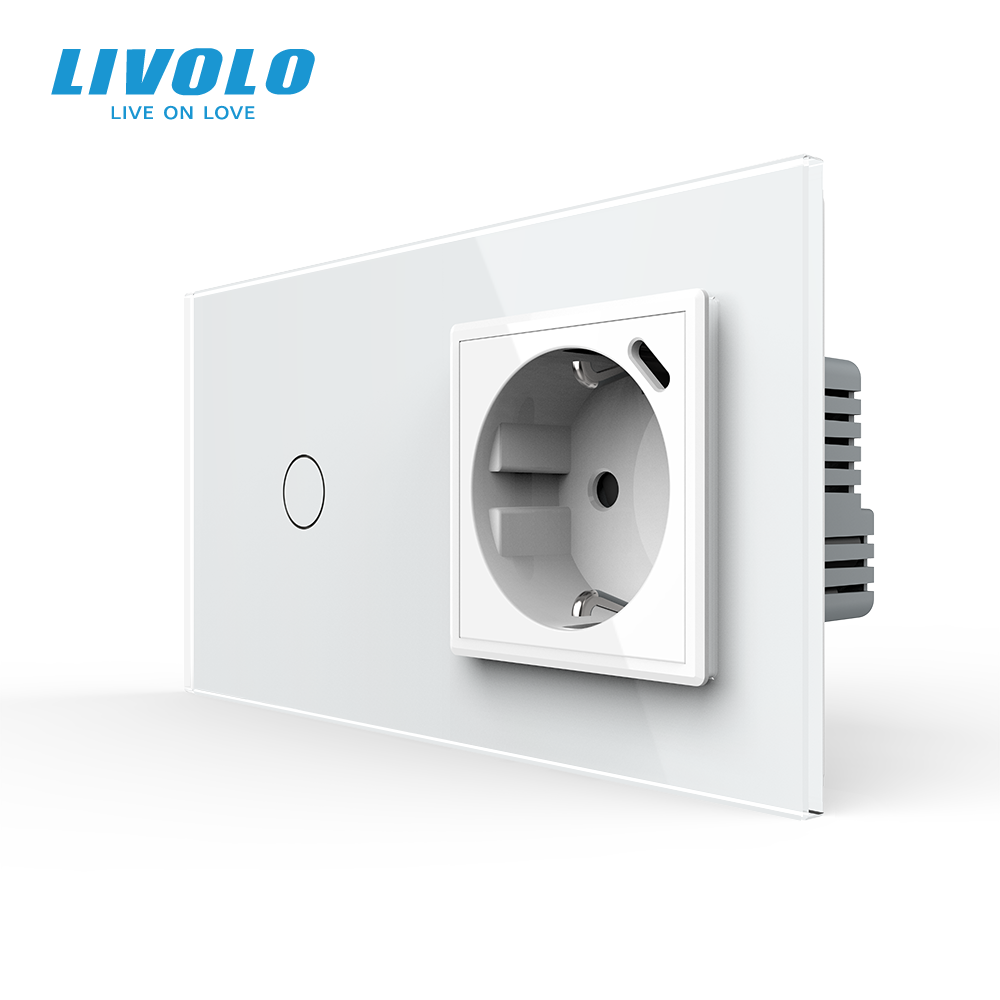 Прохідний сенсорний димер LIVOLO з розеткою та USB Type-C 18Вт, біла, із заземленням і захисними шторками