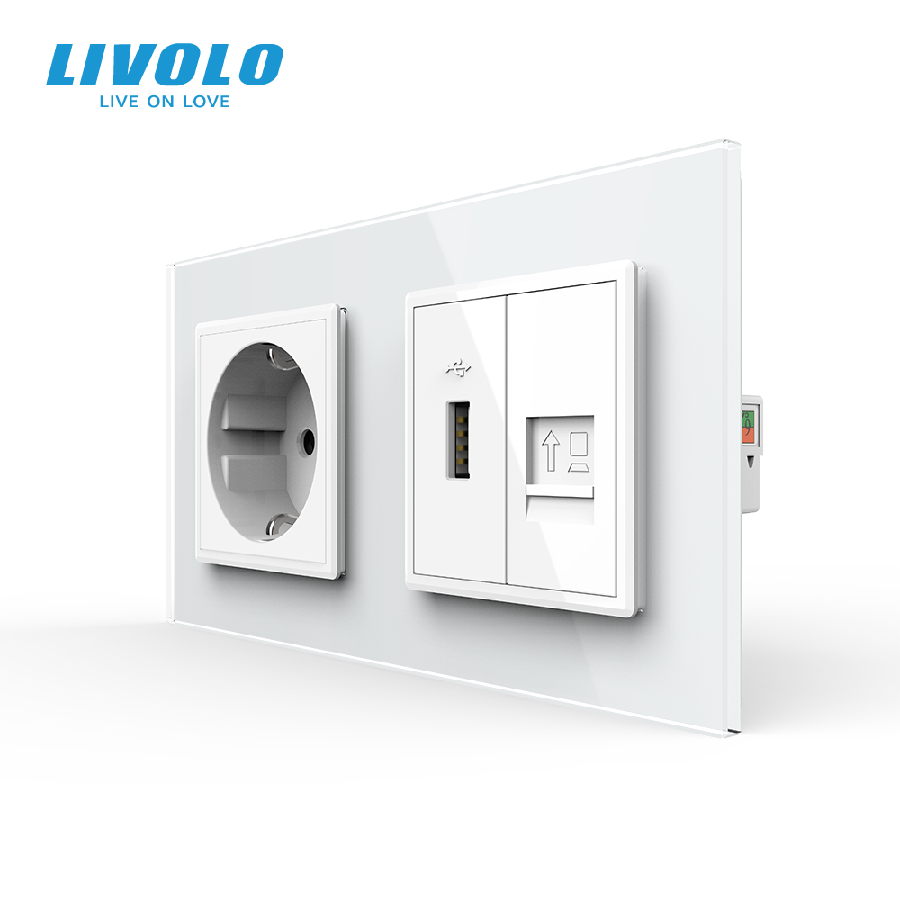 Розетка LIVOLO з USB 10Вт і інтернет портом RJ-45, біла, настінна дизайнерська, скляна рамка
