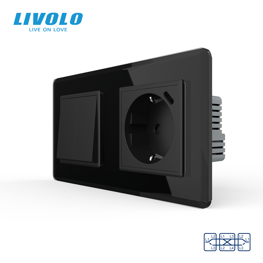 Двоклавішний перехресний вимикач LIVOLO з розеткою та USB Type-C 18Вт, чорний 2.5D, скло, заземлення